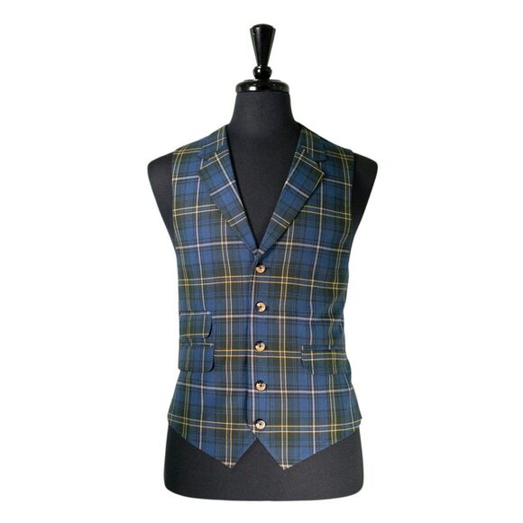 Mens 42R Wool Vest Blue Yellow Green Tartan Plaid Waistcoat Preppy Casual Formal - Picture 1 of 10